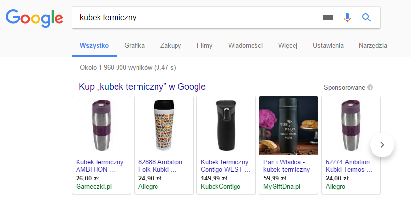 Przykład reklamy produktowej, wyszukiwane hasło: kubek termiczny