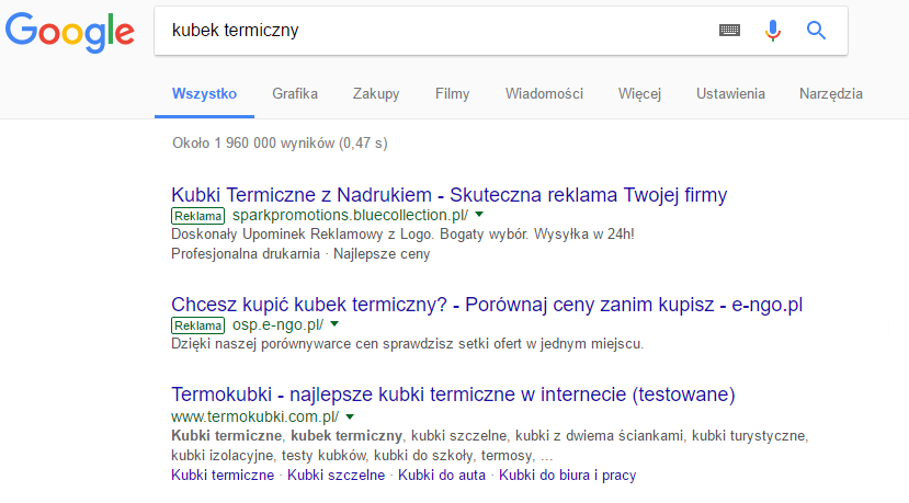 Przykład reklamy w wyszukiwarce na hasło: kubek termiczny