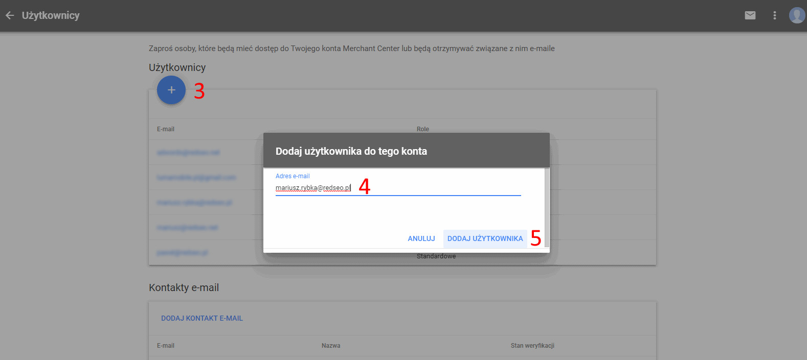 Google Merchant Center - dodawanie nowego użytkownika