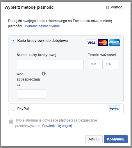 Wybór metody płatności za reklamy na Facebooku