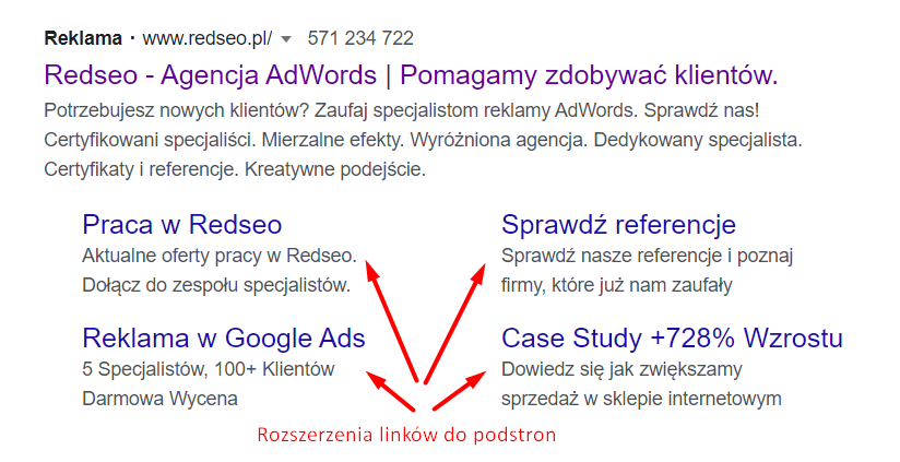 Rozszerzenia linków do podstron w reklamie Google Ads