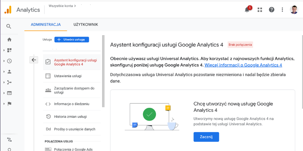 Asystent konfiguracji Google Analytics 4. 