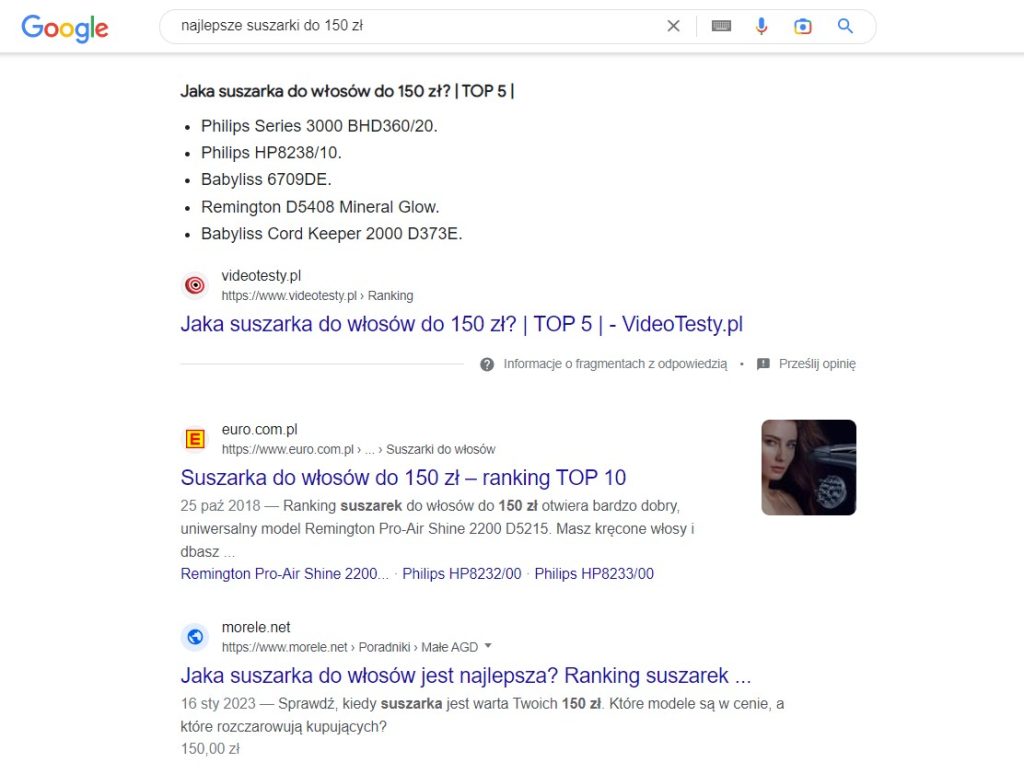 komercyjne search intent wyniki wyszukiwania google