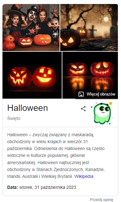 google knowledge panel na temat halloween
